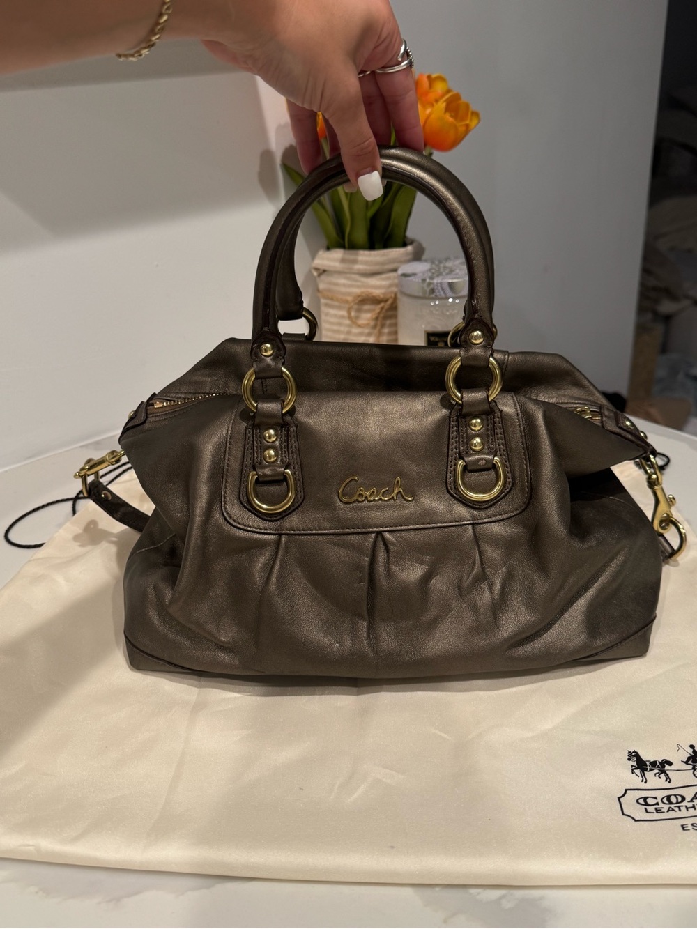Vintage Coach Ashley in metallic bronze gold hardware